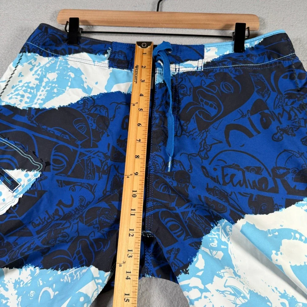 Vintage Quiksilver Mens Blue Graphic Print Board Shorts Size 34 Surf Swim Trunks